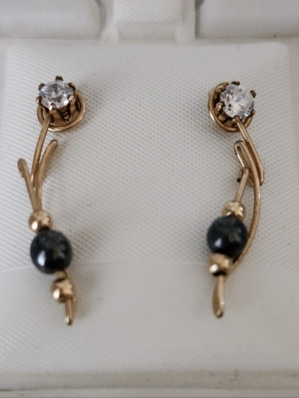 Gold and Black Drop Earrings with Crystal and Pearl